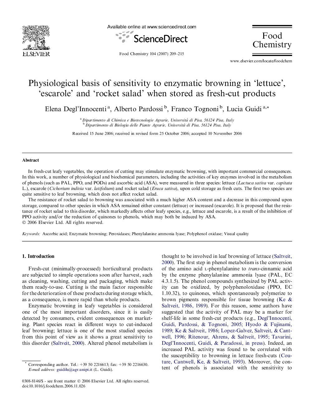 Physiological basis of sensitivity to enzymatic browning in ‘lettuce’, ‘escarole’ and ‘rocket salad’ when stored as fresh-cut products