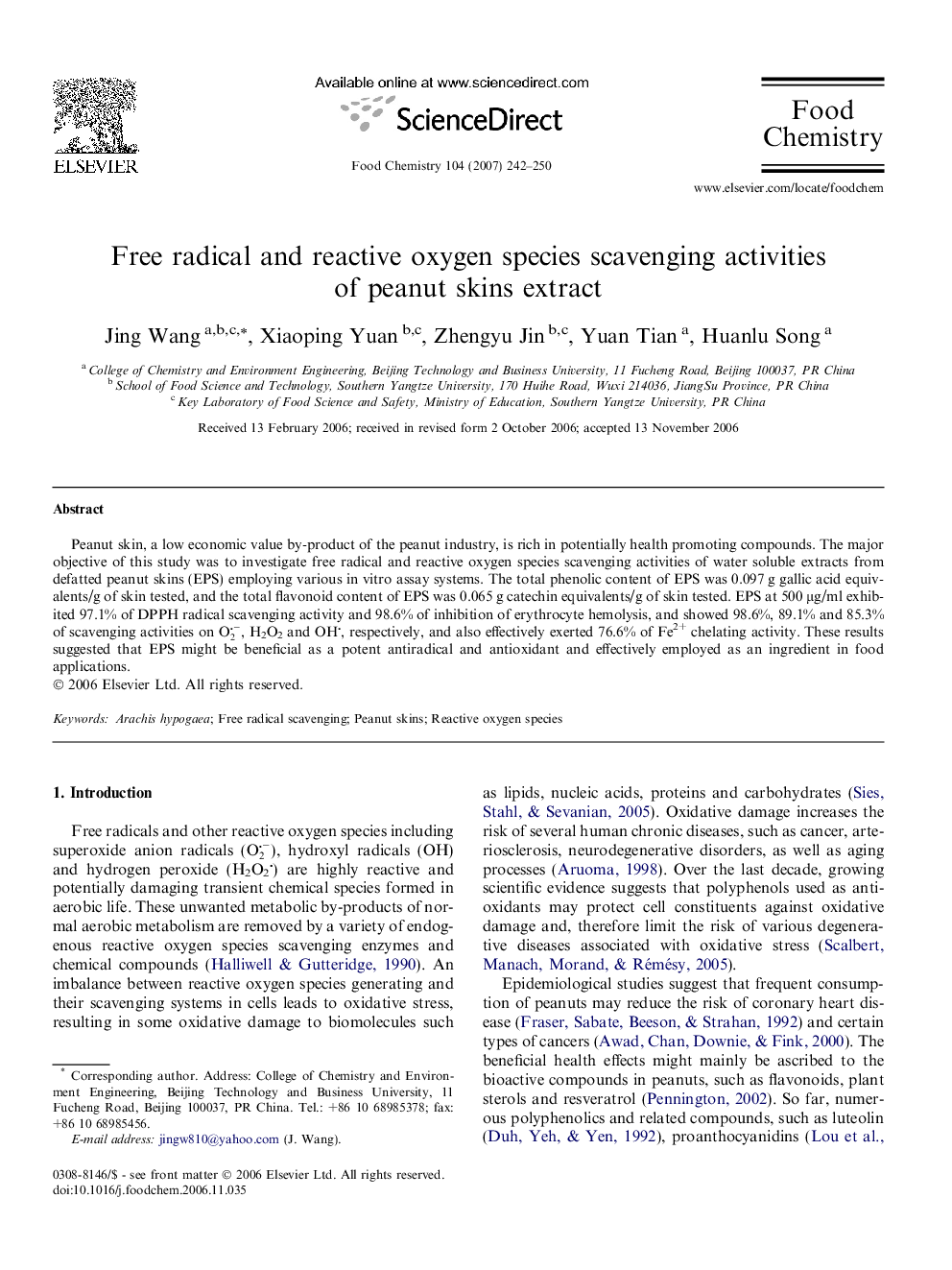 Free radical and reactive oxygen species scavenging activities of peanut skins extract