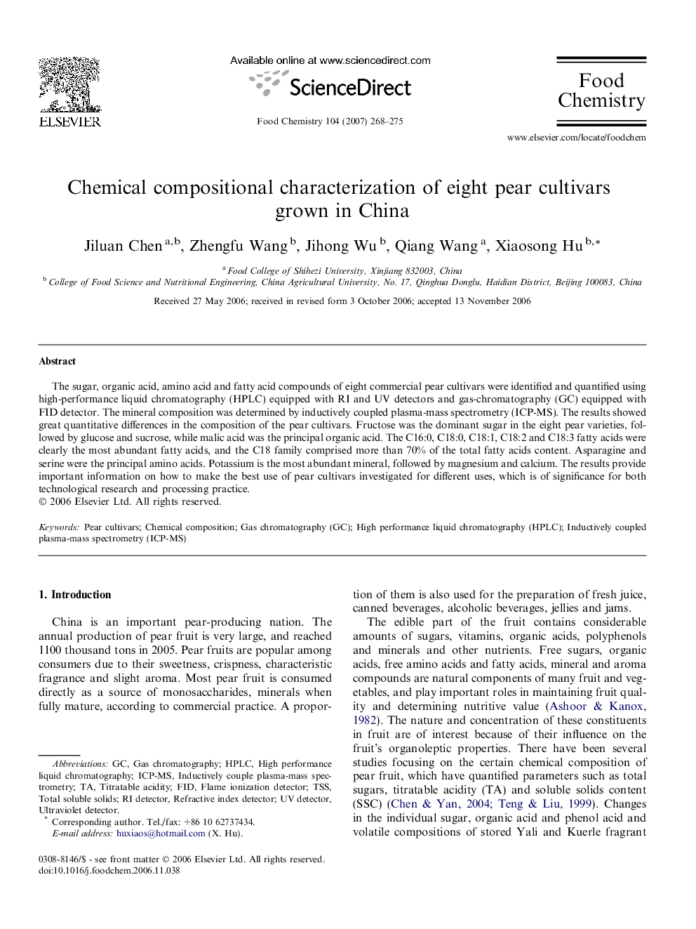 Chemical compositional characterization of eight pear cultivars grown in China