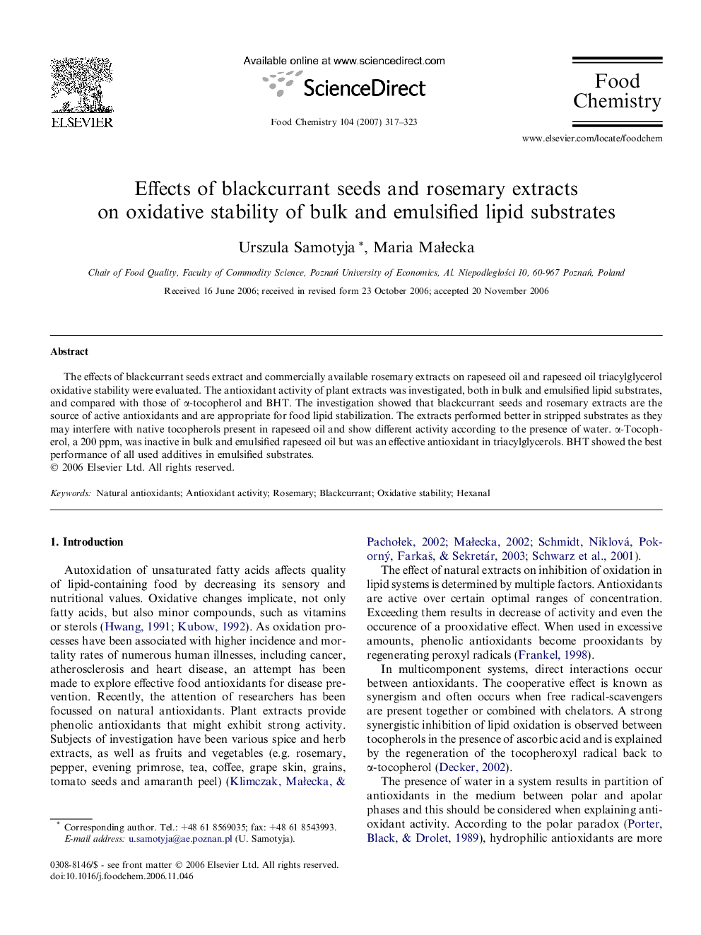 Effects of blackcurrant seeds and rosemary extracts on oxidative stability of bulk and emulsified lipid substrates