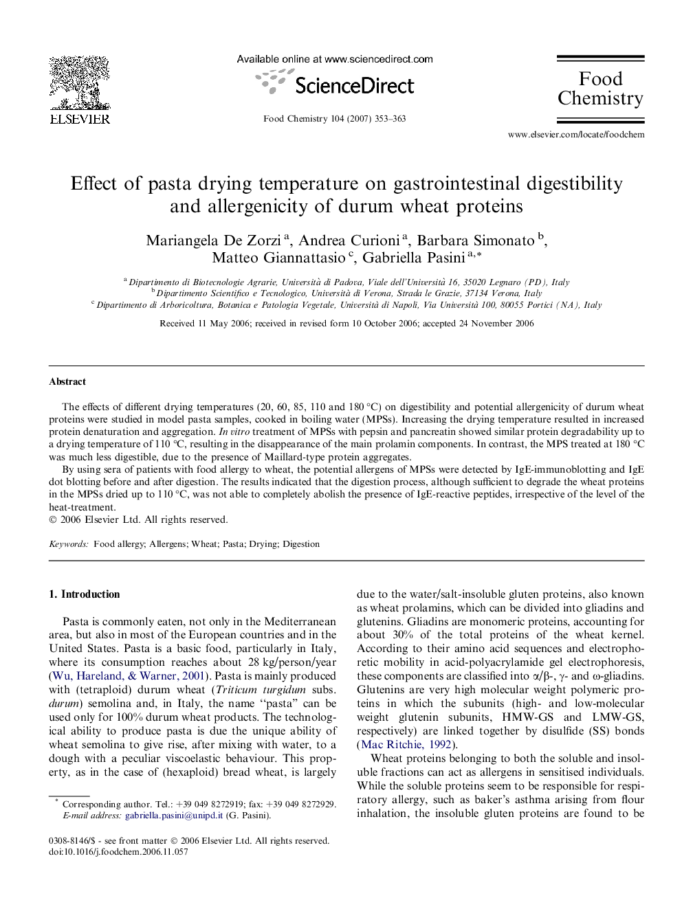 Effect of pasta drying temperature on gastrointestinal digestibility and allergenicity of durum wheat proteins