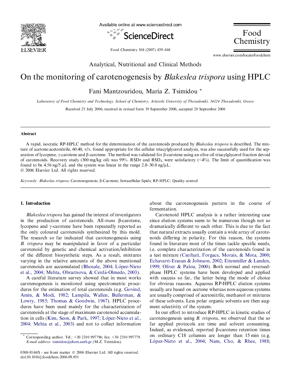 On the monitoring of carotenogenesis by Blakeslea trispora using HPLC