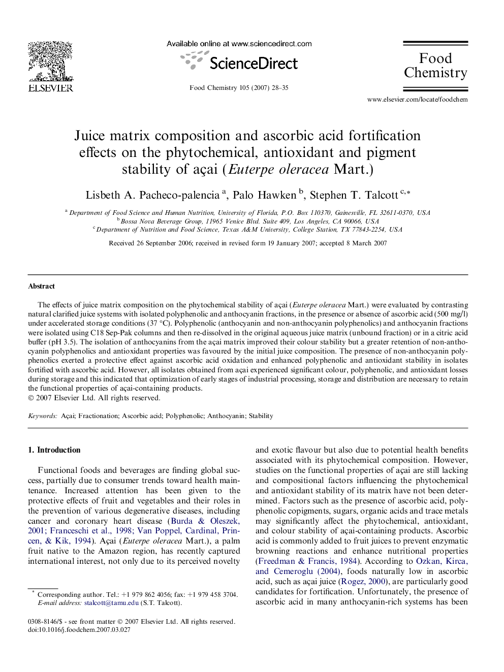 Juice matrix composition and ascorbic acid fortification effects on the phytochemical, antioxidant and pigment stability of açai (Euterpe oleracea Mart.)