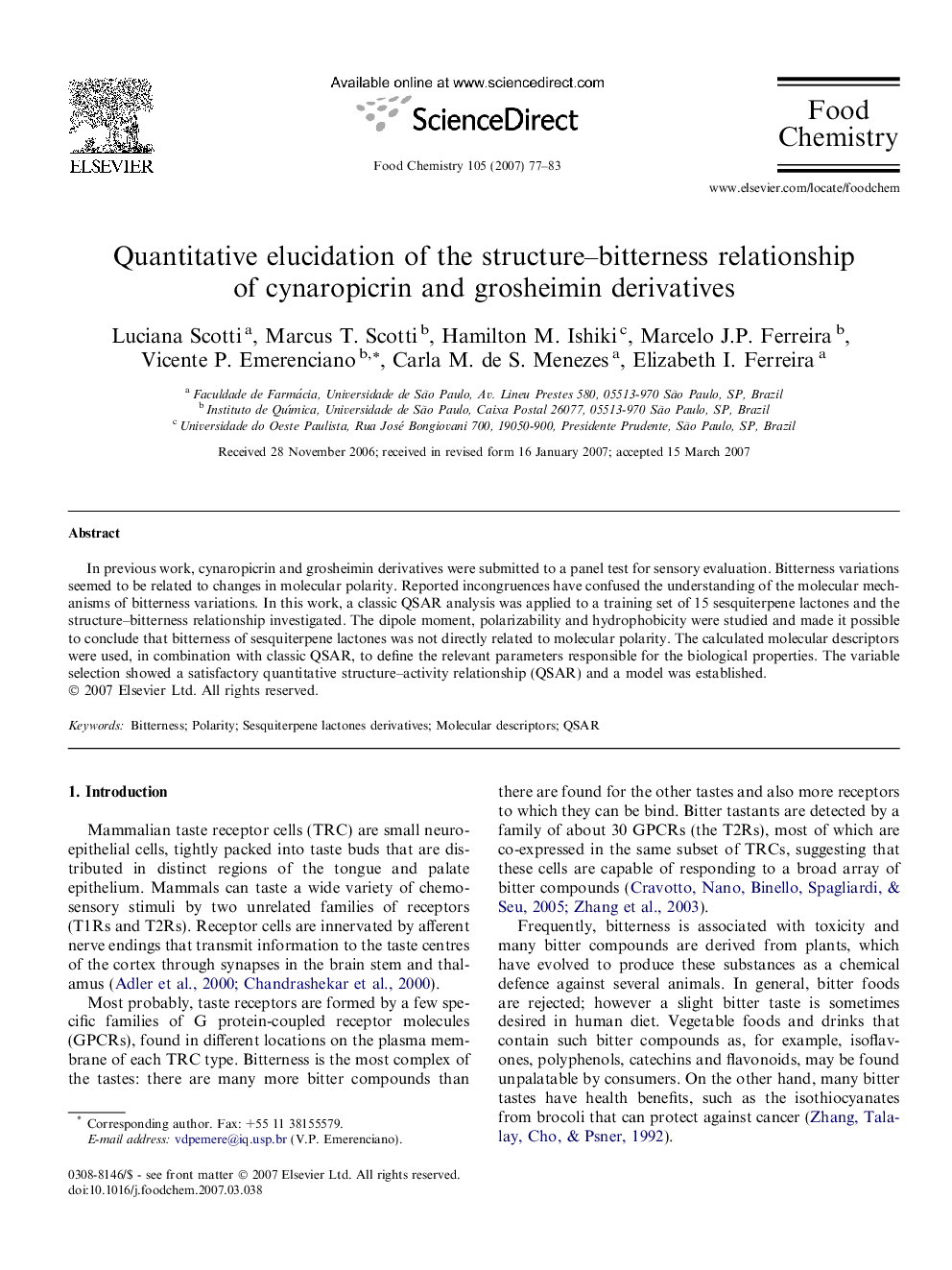 عکس صفحه اول مقاله: Quantitative elucidation of the structure–bitterness relationship of cynaropicrin and grosheimin derivatives Quantitative elucidation of the structure–bitterness relationship of cynaropicrin and grosheimin derivatives