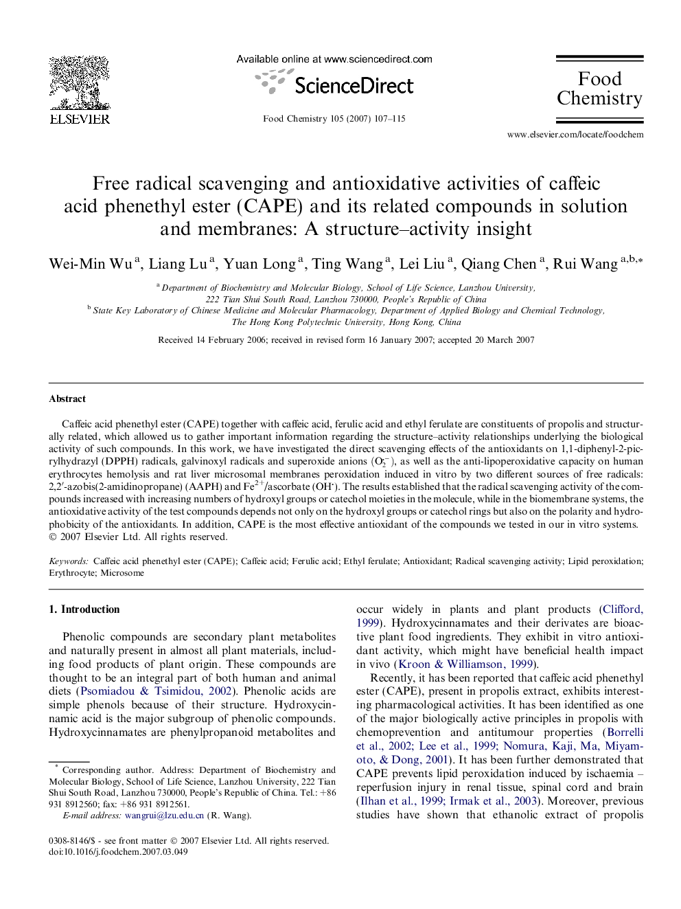 Free radical scavenging and antioxidative activities of caffeic acid phenethyl ester (CAPE) and its related compounds in solution and membranes: A structure–activity insight