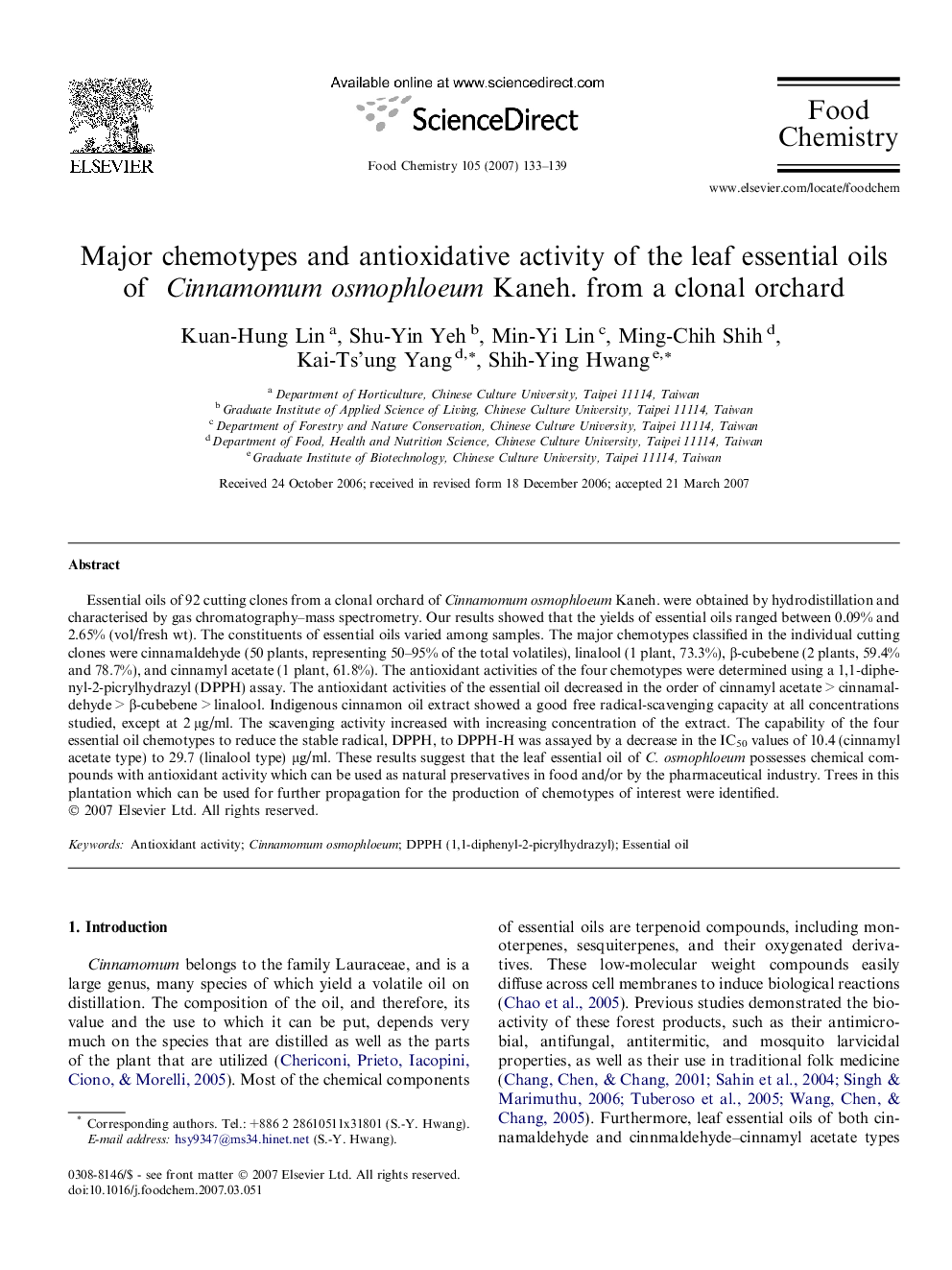 Major chemotypes and antioxidative activity of the leaf essential oils of Cinnamomum osmophloeum Kaneh. from a clonal orchard