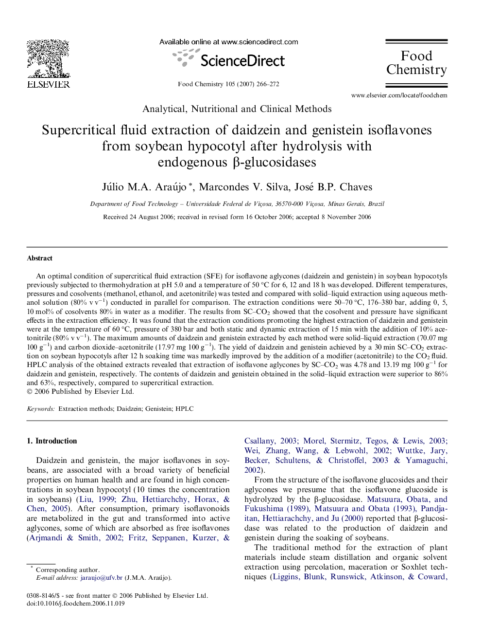 عکس صفحه اول مقاله: Supercritical fluid extraction of daidzein and genistein isoflavones from soybean hypocotyl after hydrolysis with endogenous β-glucosidases Supercritical fluid extraction of daidzein and genistein isoflavones from soybean hypocotyl after hydrolysis with endogenous β-glucosidases