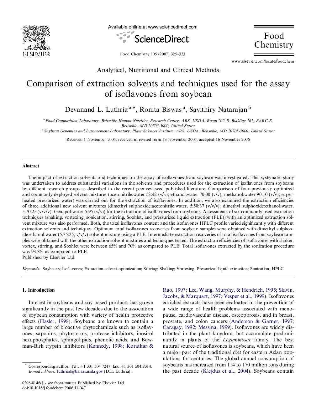 Comparison of extraction solvents and techniques used for the assay of isoflavones from soybean