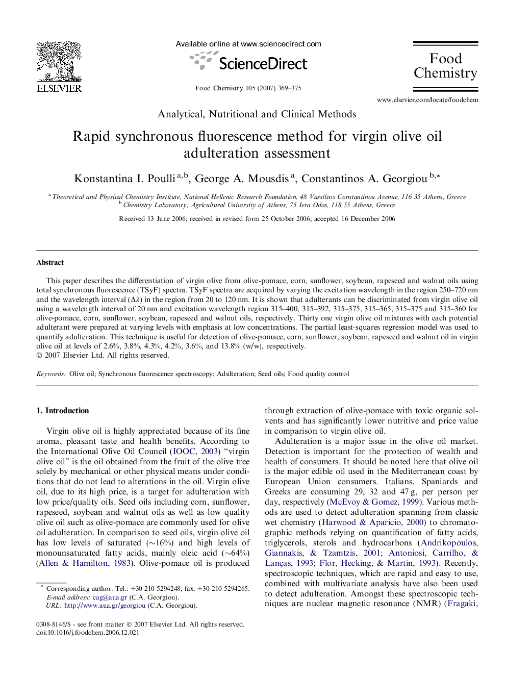 Rapid synchronous fluorescence method for virgin olive oil adulteration assessment