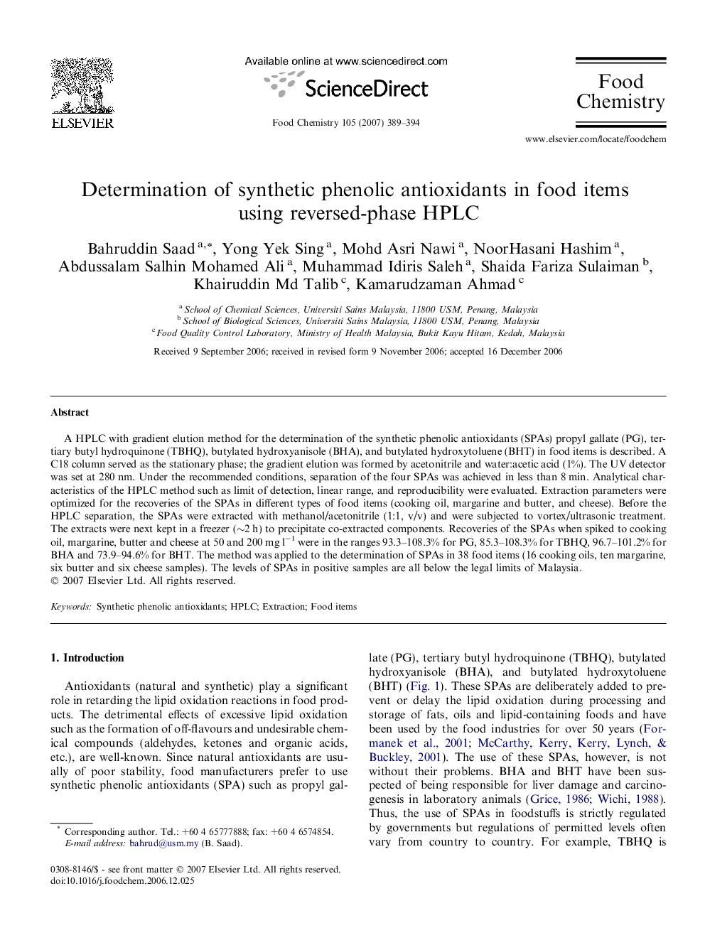 Determination of synthetic phenolic antioxidants in food items using reversed-phase HPLC