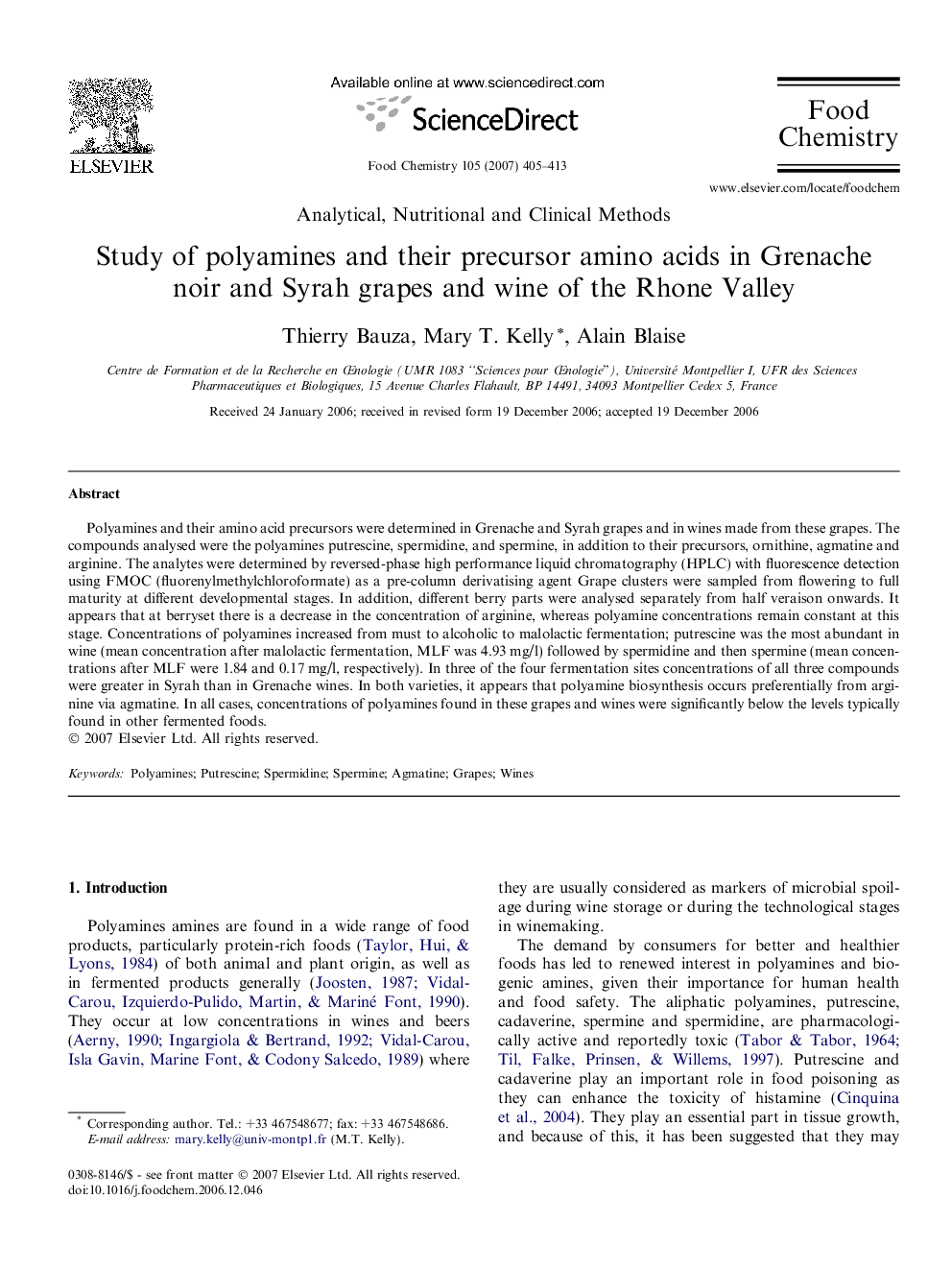 Study of polyamines and their precursor amino acids in Grenache noir and Syrah grapes and wine of the Rhone Valley