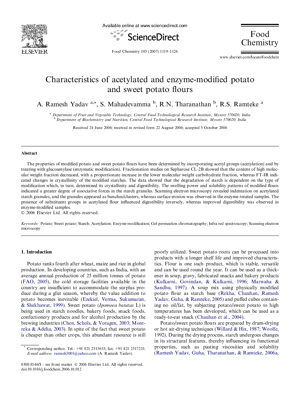 Characteristics of acetylated and enzyme-modified potato and sweet potato flours