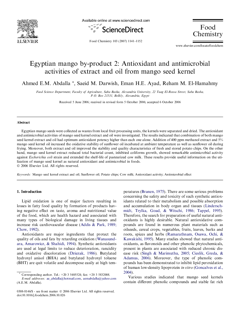 Egyptian mango by-product 2: Antioxidant and antimicrobial activities of extract and oil from mango seed kernel