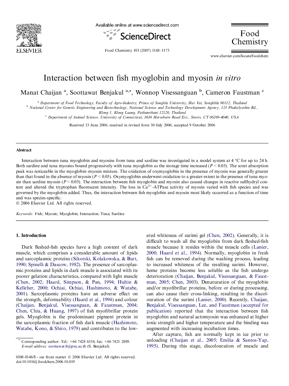 Interaction between fish myoglobin and myosin in vitro