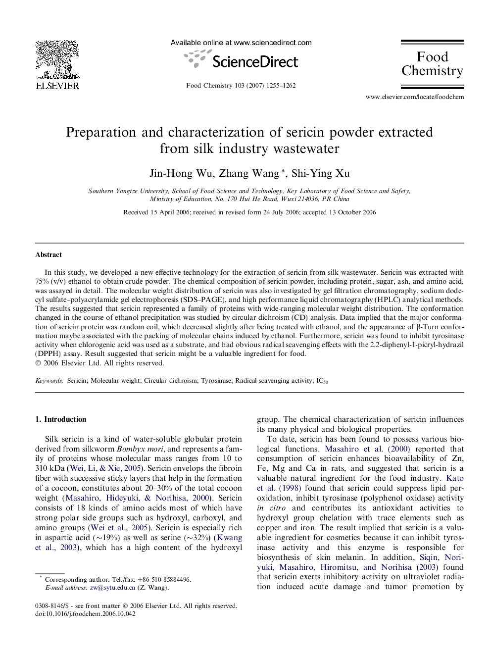 Preparation and characterization of sericin powder extracted from silk industry wastewater