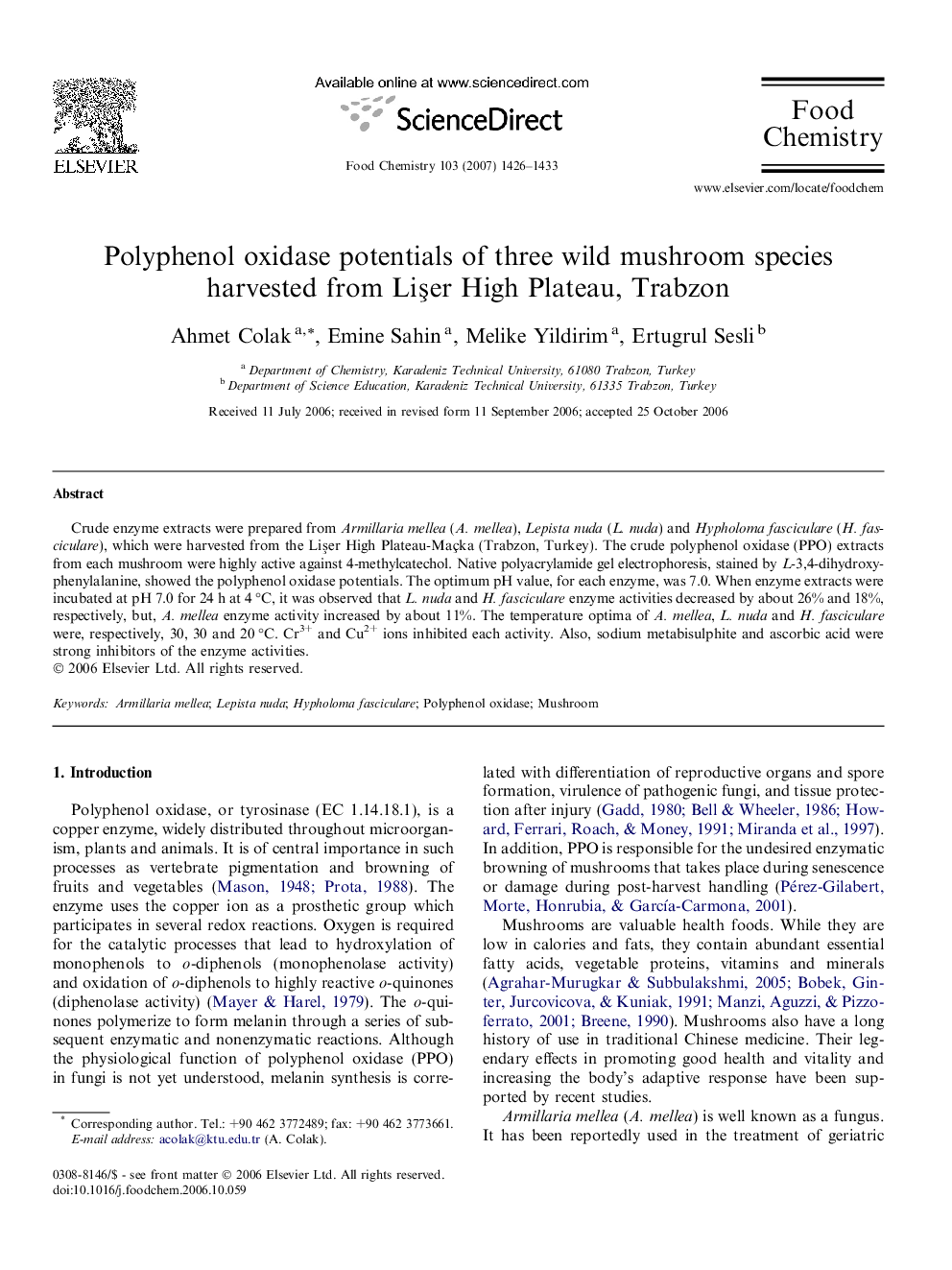 Polyphenol oxidase potentials of three wild mushroom species harvested from Lişer High Plateau, Trabzon