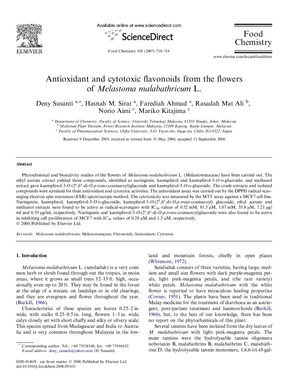 Antioxidant and cytotoxic flavonoids from the flowers of Melastoma malabathricum L.