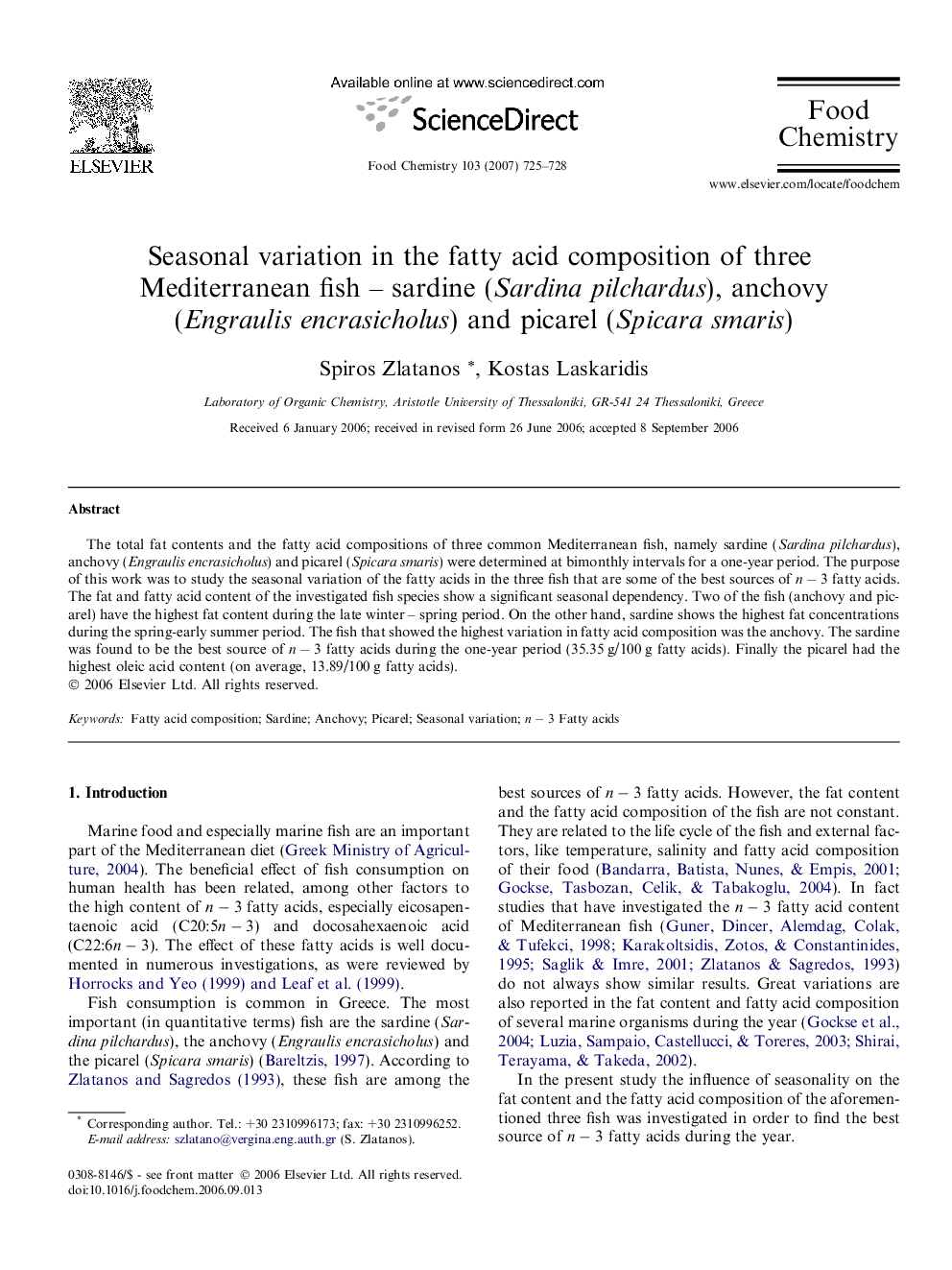 Seasonal variation in the fatty acid composition of three Mediterranean fish – sardine (Sardina pilchardus), anchovy (Engraulis encrasicholus) and picarel (Spicara smaris)