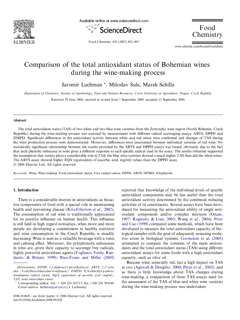 Comparison of the total antioxidant status of Bohemian wines during the wine-making process