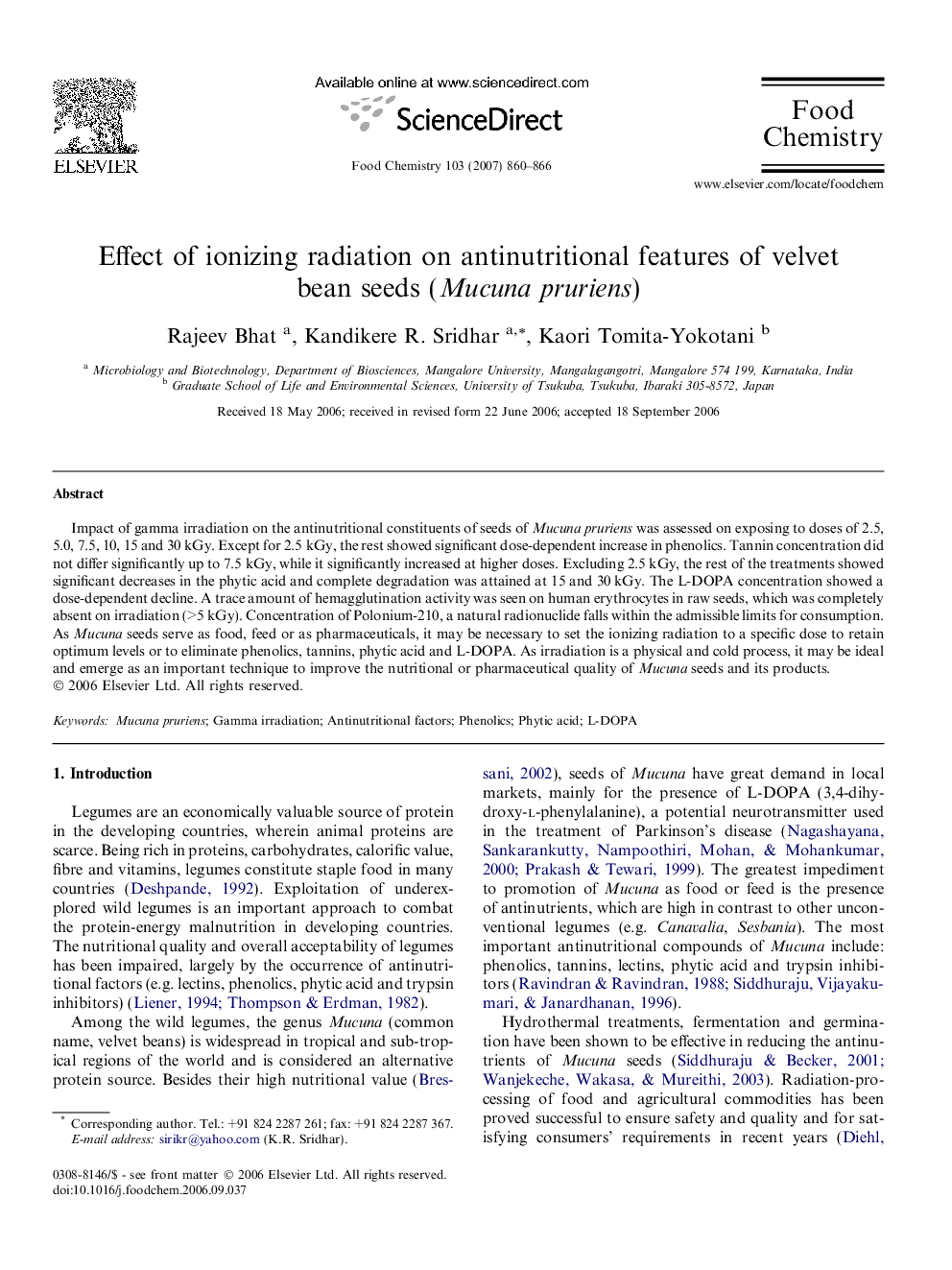 Effect of ionizing radiation on antinutritional features of velvet bean seeds (Mucuna pruriens)