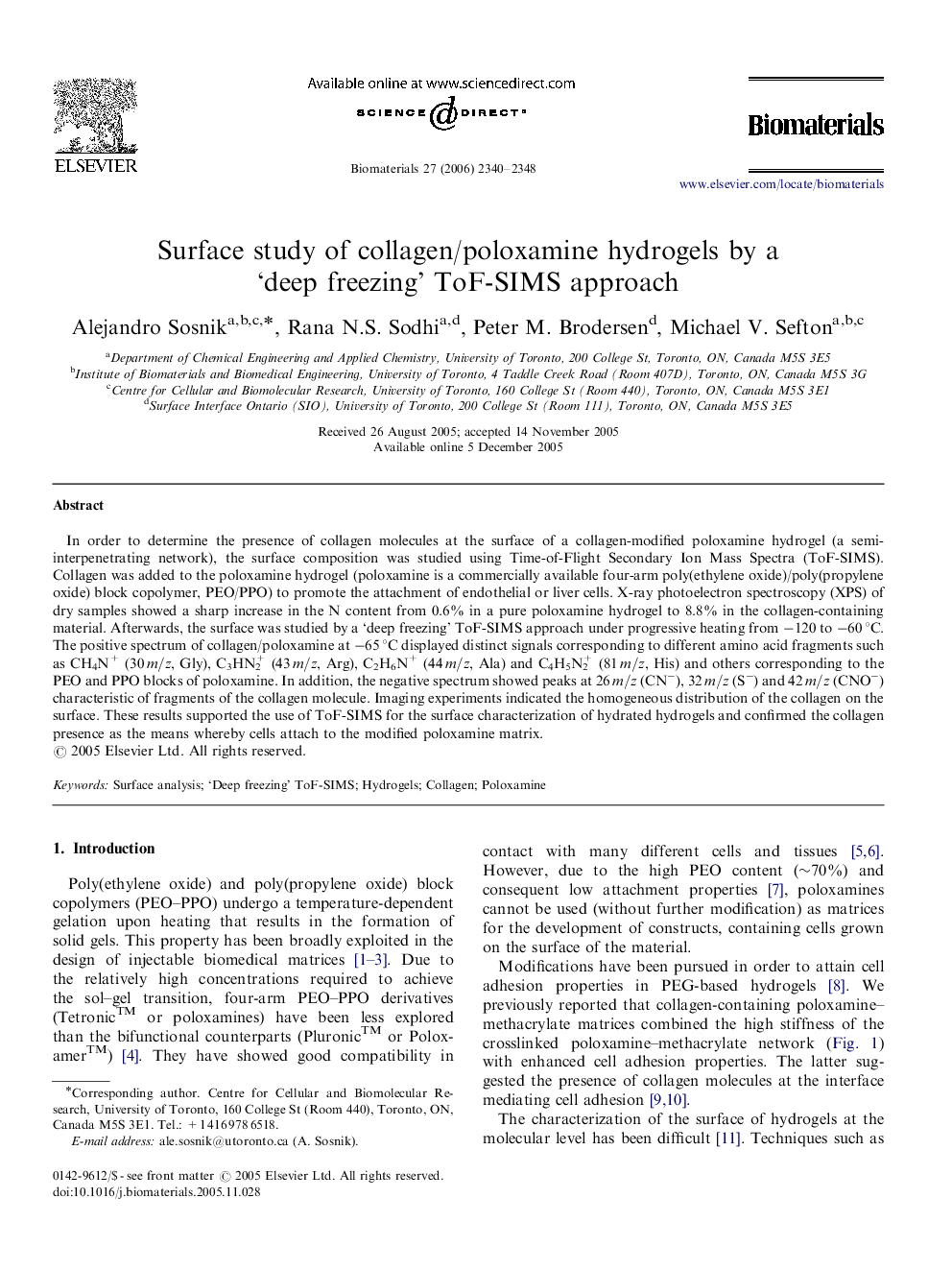 Surface study of collagen/poloxamine hydrogels by a ‘deep freezing’ ToF-SIMS approach