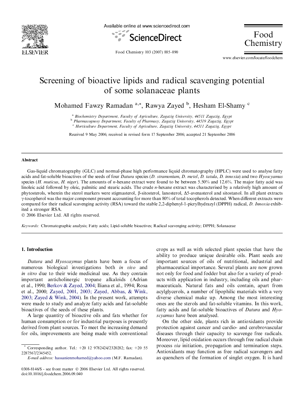 Screening of bioactive lipids and radical scavenging potential of some solanaceae plants