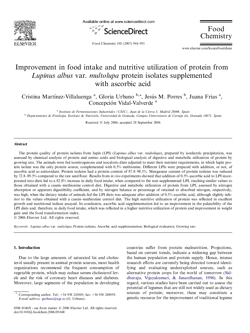 Improvement in food intake and nutritive utilization of protein from Lupinus albus var. multolupa protein isolates supplemented with ascorbic acid