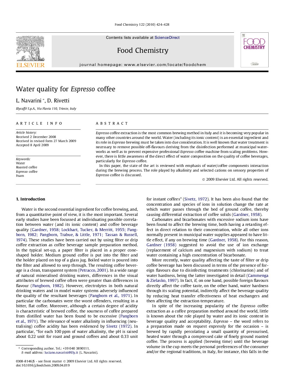 Water quality for Espresso coffee