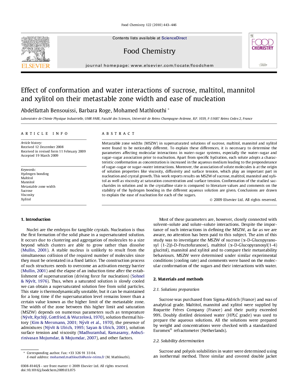 Effect of conformation and water interactions of sucrose, maltitol, mannitol and xylitol on their metastable zone width and ease of nucleation