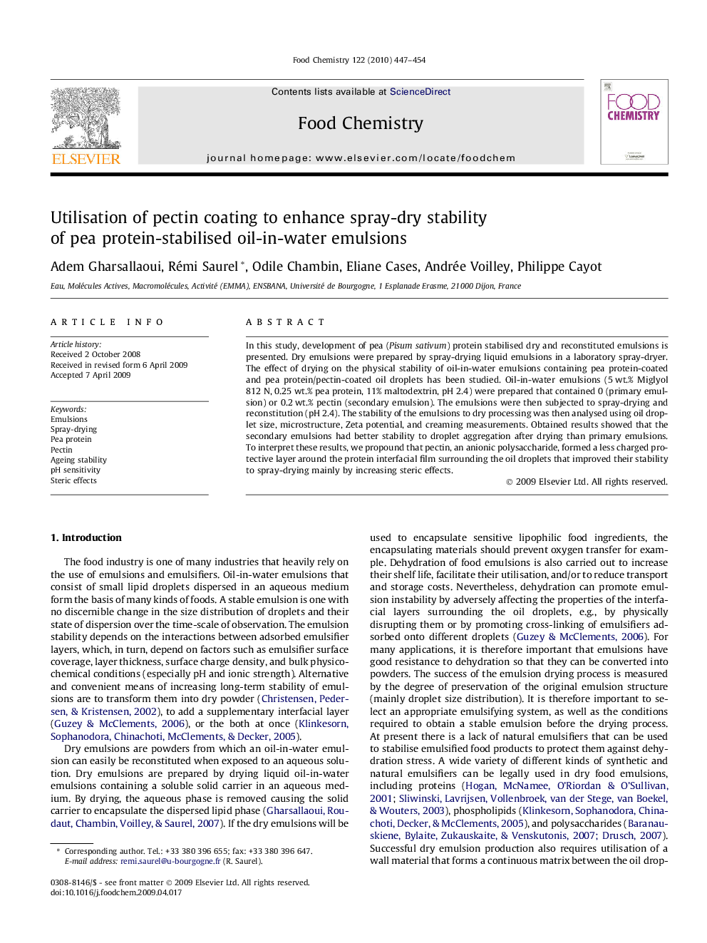 Utilisation of pectin coating to enhance spray-dry stability of pea protein-stabilised oil-in-water emulsions