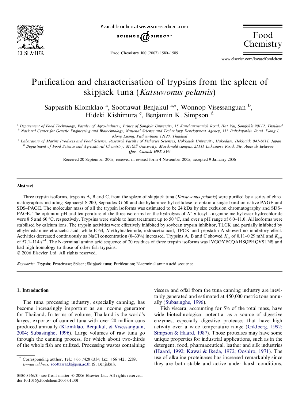 Purification and characterisation of trypsins from the spleen of skipjack tuna (Katsuwonus pelamis)