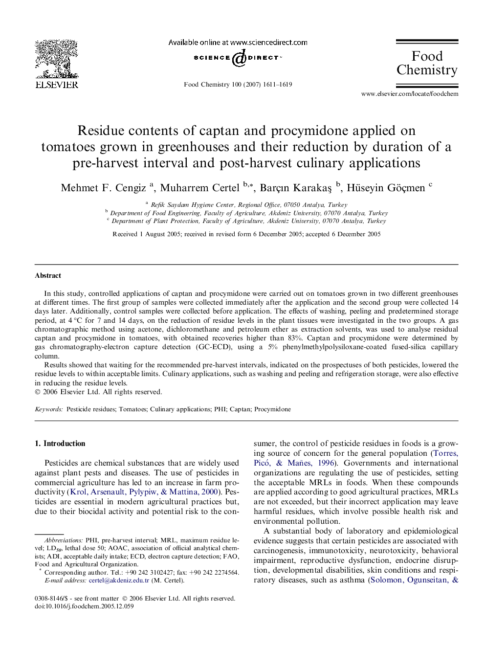 Residue contents of captan and procymidone applied on tomatoes grown in greenhouses and their reduction by duration of a pre-harvest interval and post-harvest culinary applications