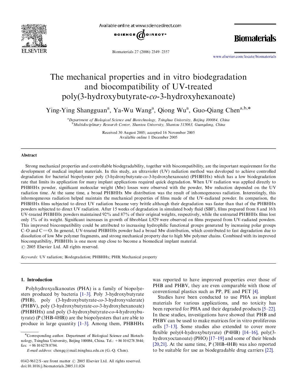 The mechanical properties and in vitro biodegradation and biocompatibility of UV-treated poly(3-hydroxybutyrate-co-3-hydroxyhexanoate)