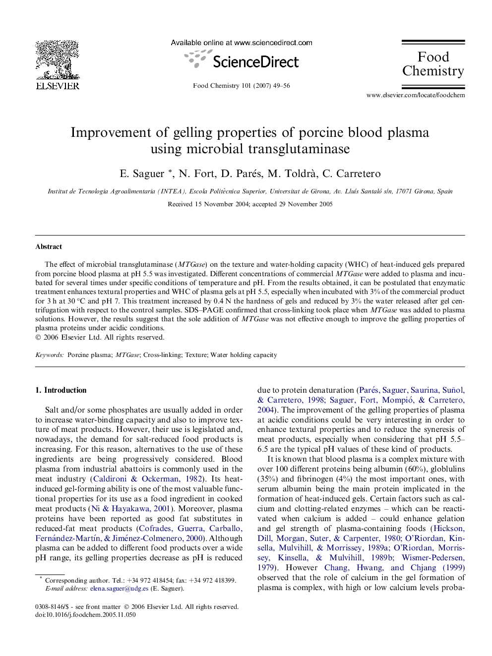 Improvement of gelling properties of porcine blood plasma using microbial transglutaminase