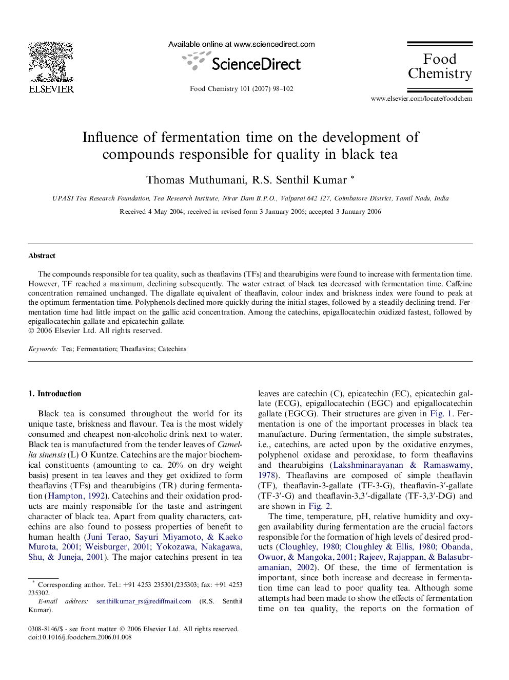 Influence of fermentation time on the development of compounds responsible for quality in black tea