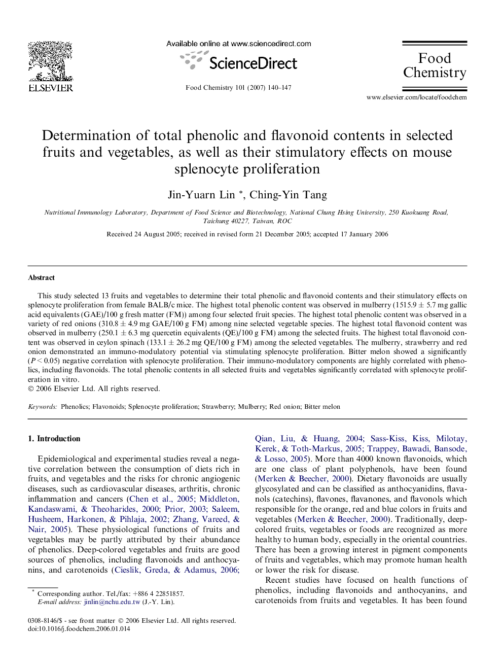 Determination of total phenolic and flavonoid contents in selected fruits and vegetables, as well as their stimulatory effects on mouse splenocyte proliferation