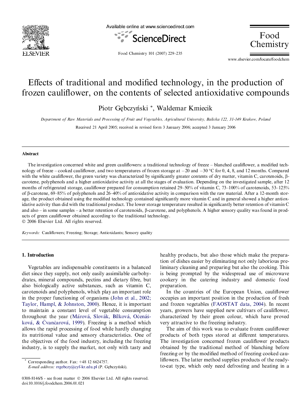 Effects of traditional and modified technology, in the production of frozen cauliflower, on the contents of selected antioxidative compounds