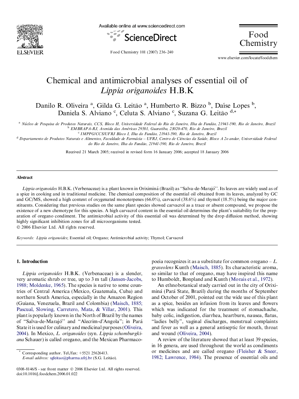 Chemical and antimicrobial analyses of essential oil of Lippia origanoides H.B.K