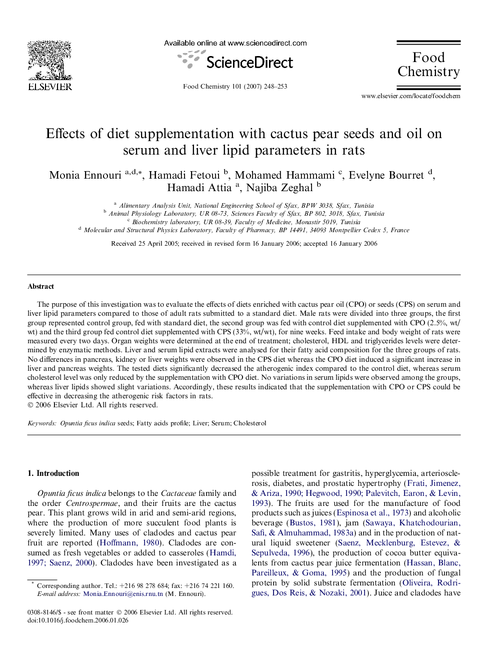 Effects of diet supplementation with cactus pear seeds and oil on serum and liver lipid parameters in rats