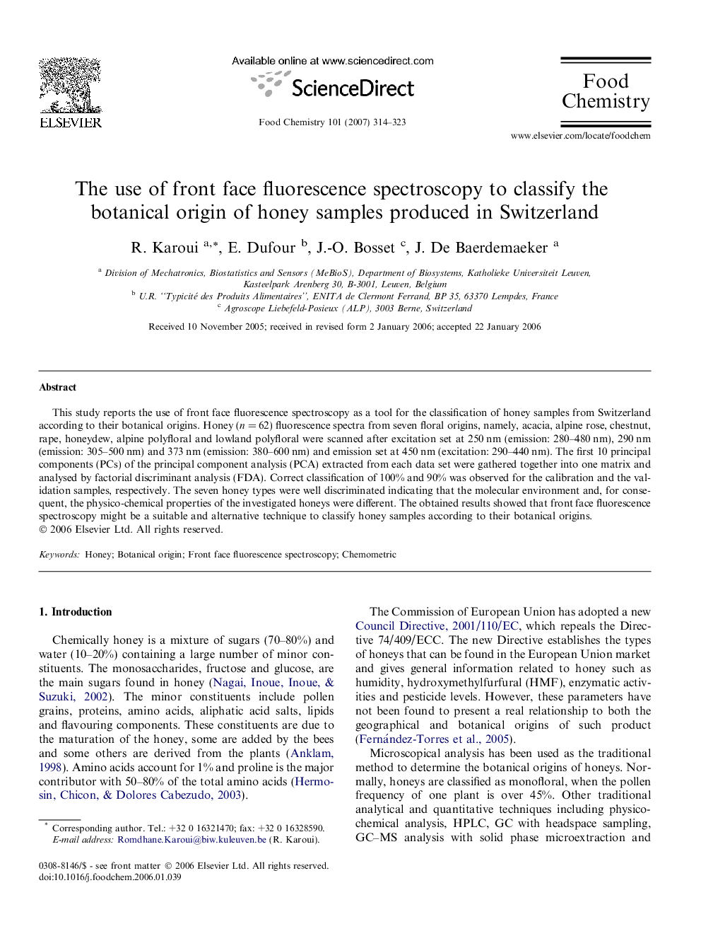 The use of front face fluorescence spectroscopy to classify the botanical origin of honey samples produced in Switzerland