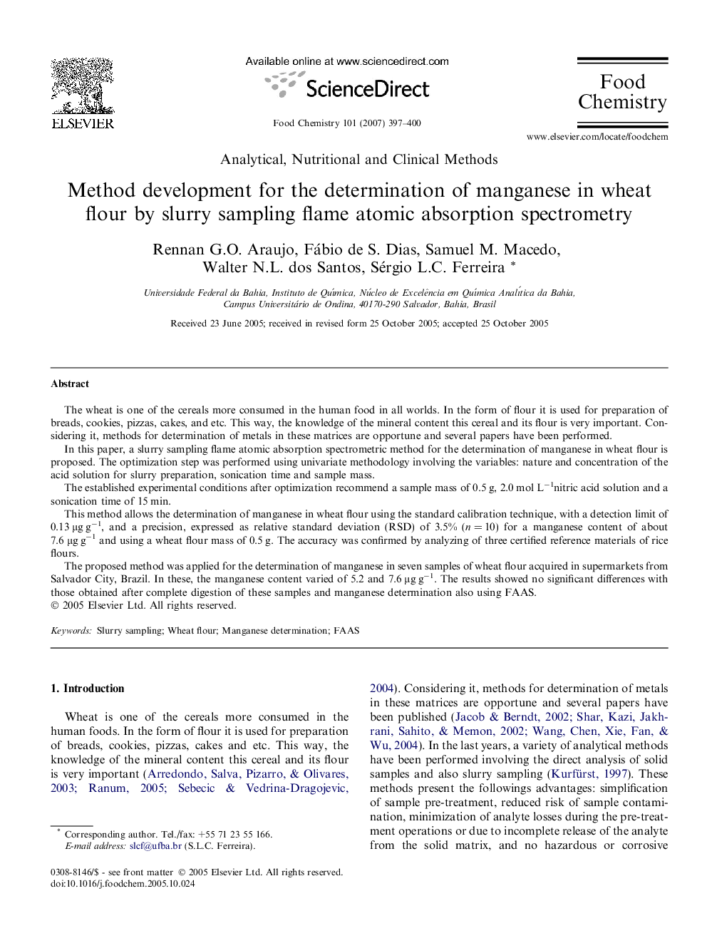 Method development for the determination of manganese in wheat flour by slurry sampling flame atomic absorption spectrometry