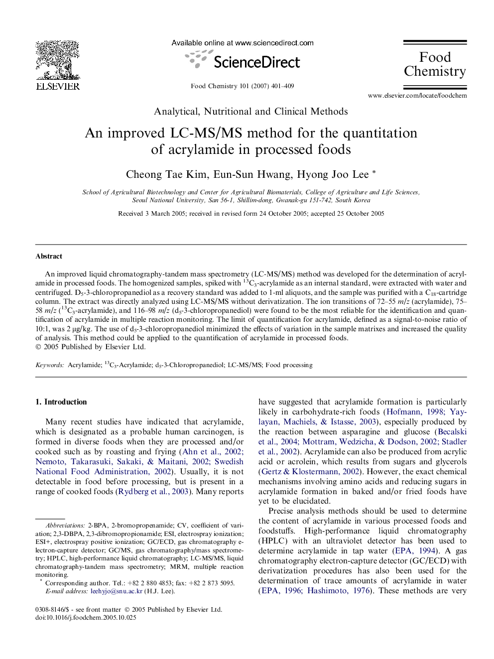 An improved LC-MS/MS method for the quantitation of acrylamide in processed foods