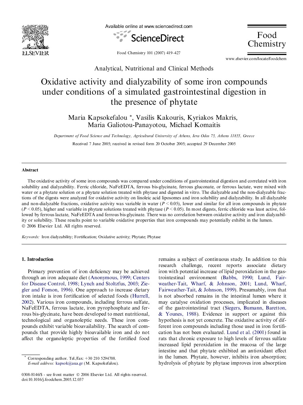 Oxidative activity and dialyzability of some iron compounds under conditions of a simulated gastrointestinal digestion in the presence of phytate