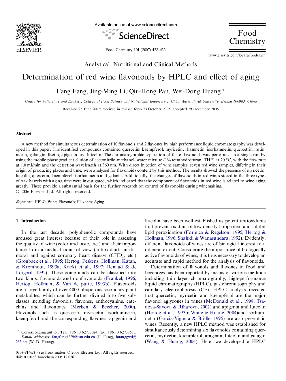 Determination of red wine flavonoids by HPLC and effect of aging