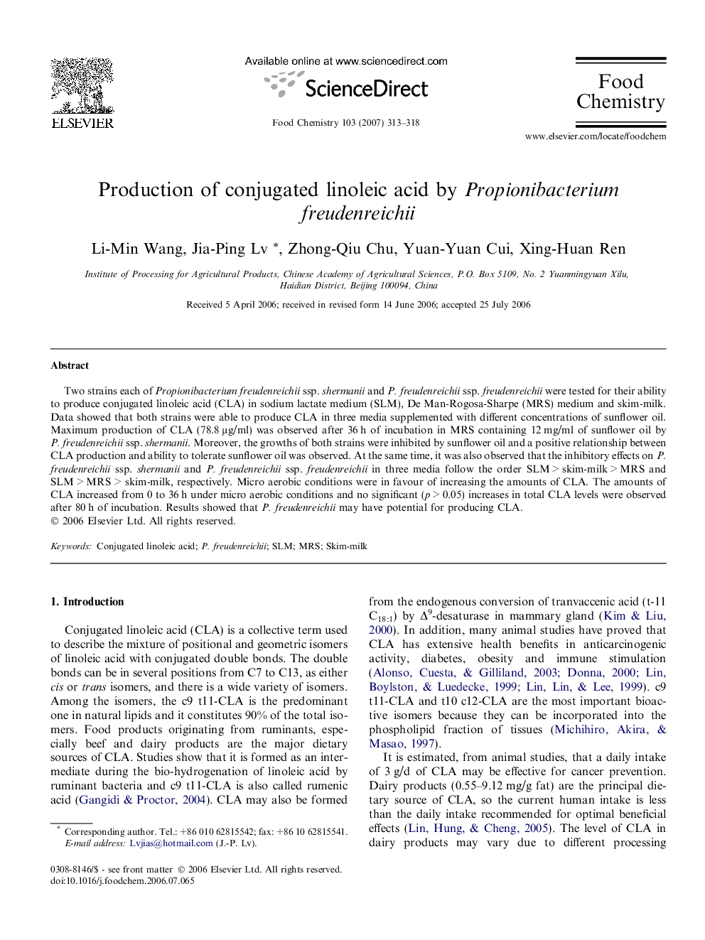 Production of conjugated linoleic acid by Propionibacterium freudenreichii