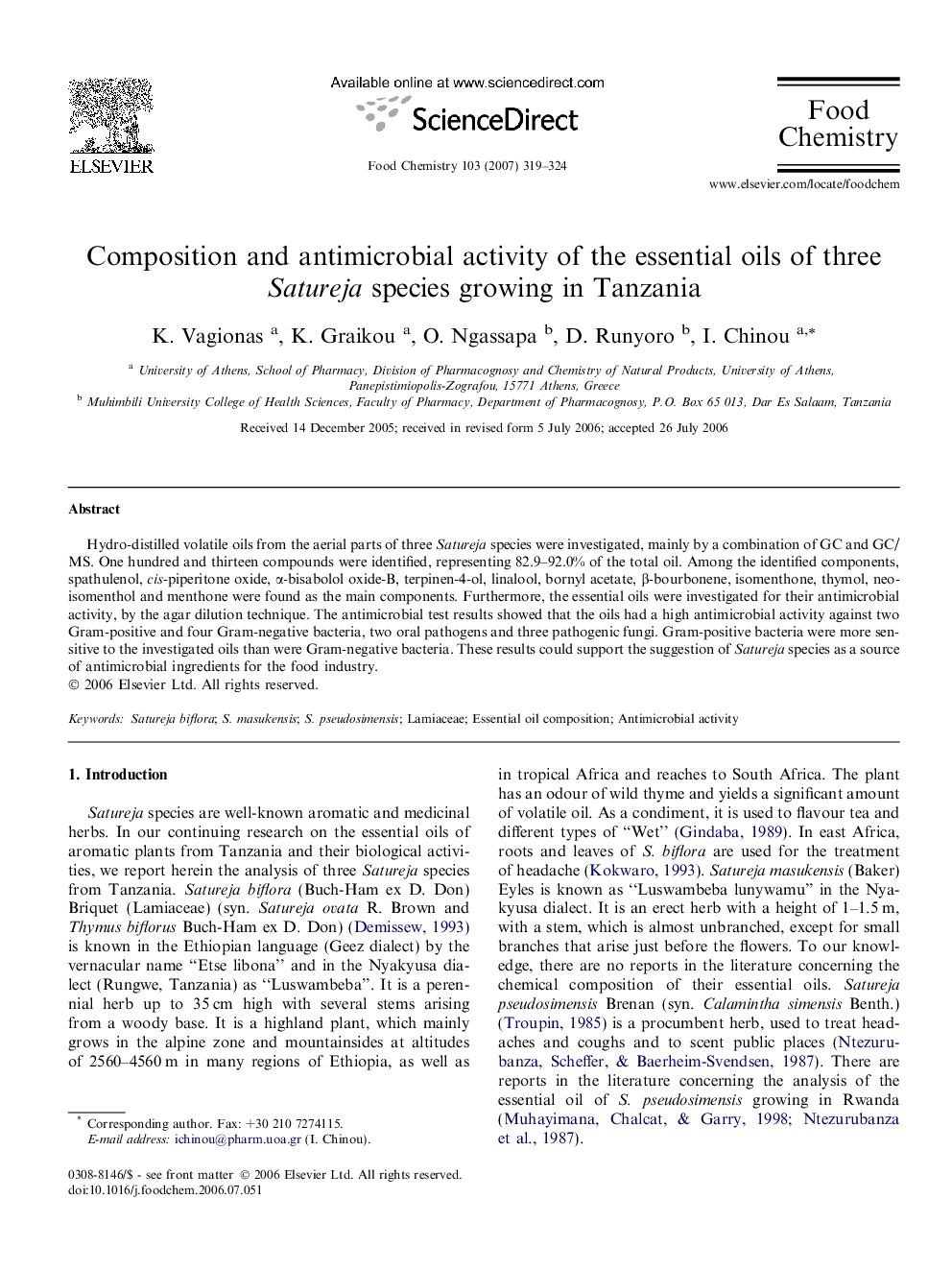 عکس صفحه اول مقاله: Composition and antimicrobial activity of the essential oils of three Satureja species growing in Tanzania Composition and antimicrobial activity of the essential oils of three Satureja species growing in Tanzania