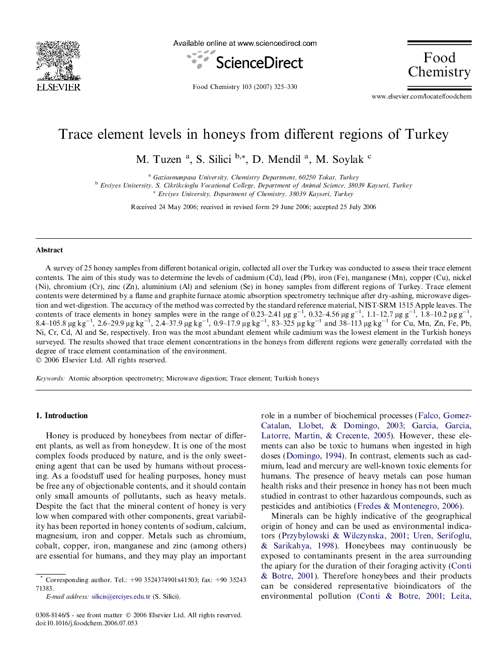 Trace element levels in honeys from different regions of Turkey