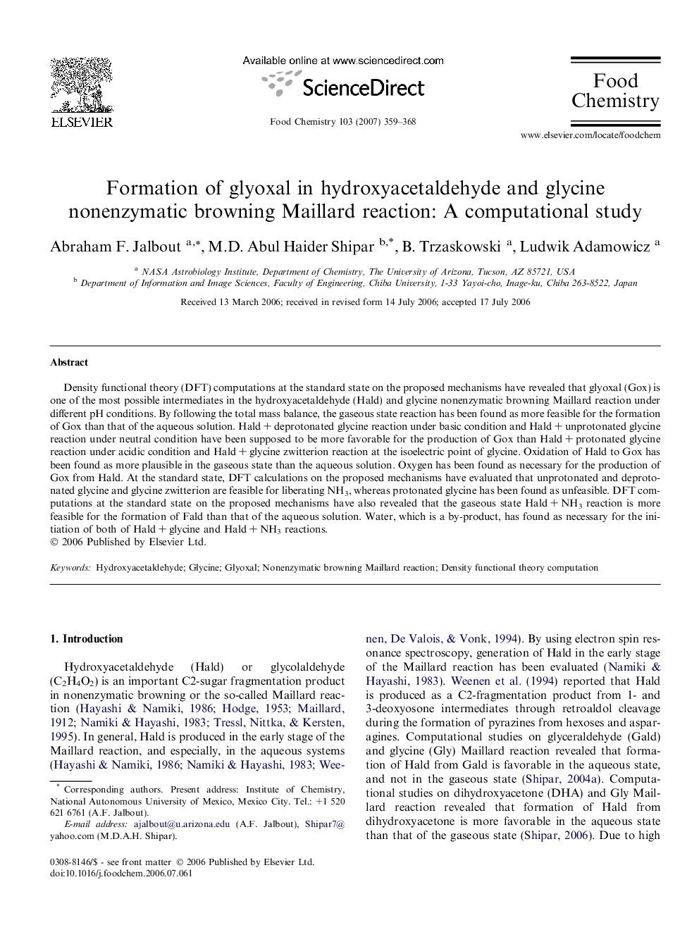 Formation of glyoxal in hydroxyacetaldehyde and glycine nonenzymatic browning Maillard reaction: A computational study