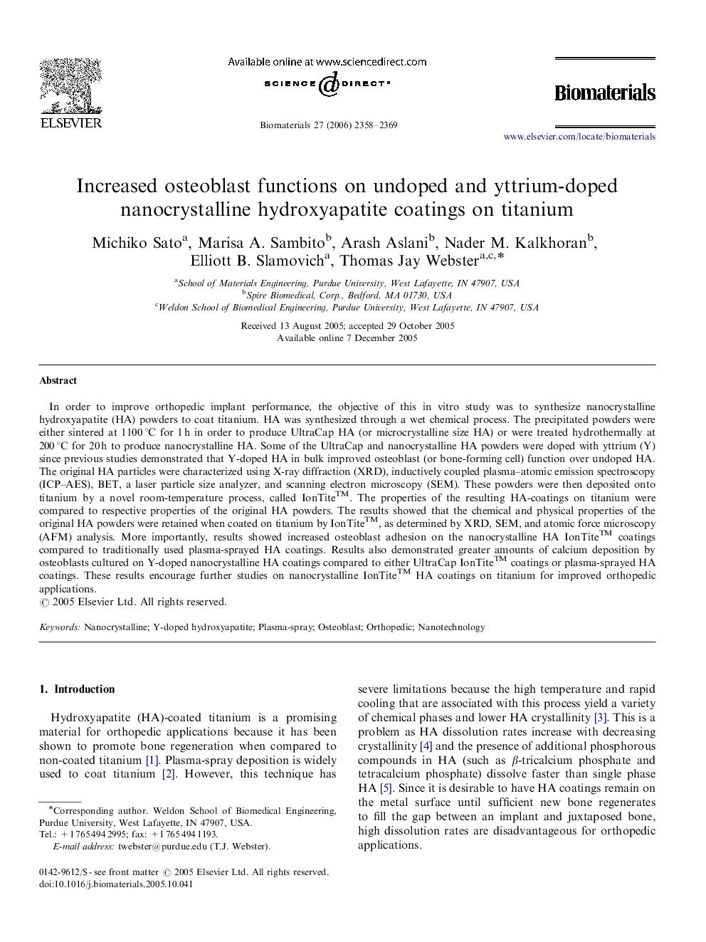 Increased osteoblast functions on undoped and yttrium-doped nanocrystalline hydroxyapatite coatings on titanium