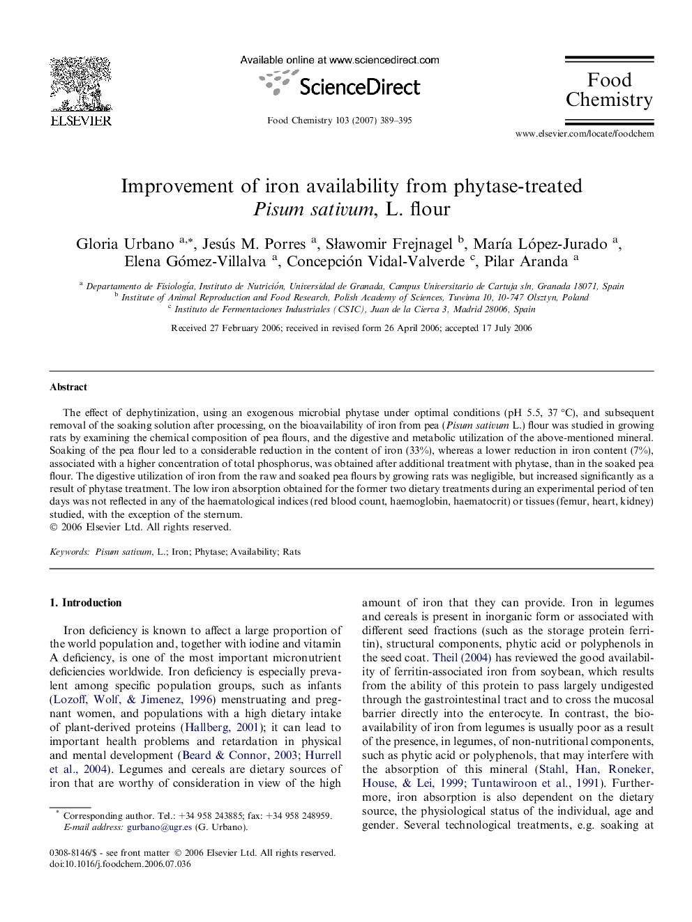 عکس صفحه اول مقاله: Improvement of iron availability from phytase-treated Pisum sativum, L. flour Improvement of iron availability from phytase-treated Pisum sativum, L. flour